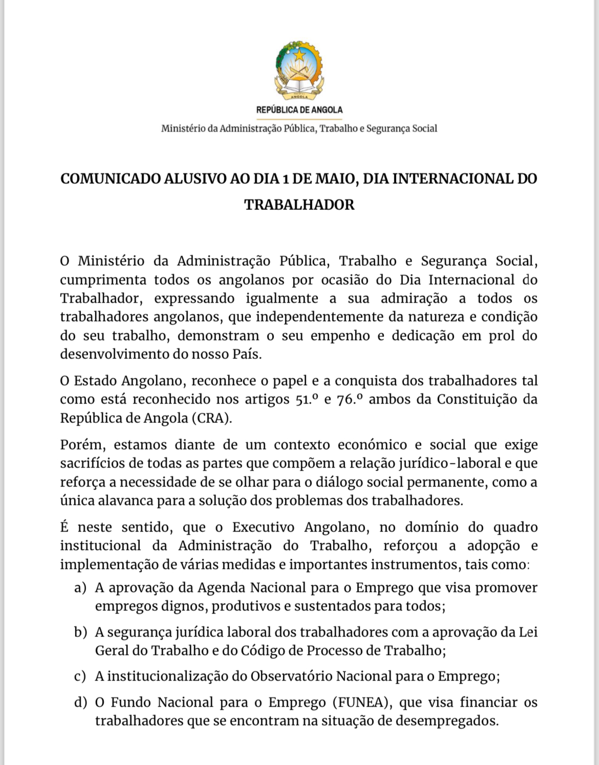 Comunicado alusivo ao dia internacional do trabalhador
