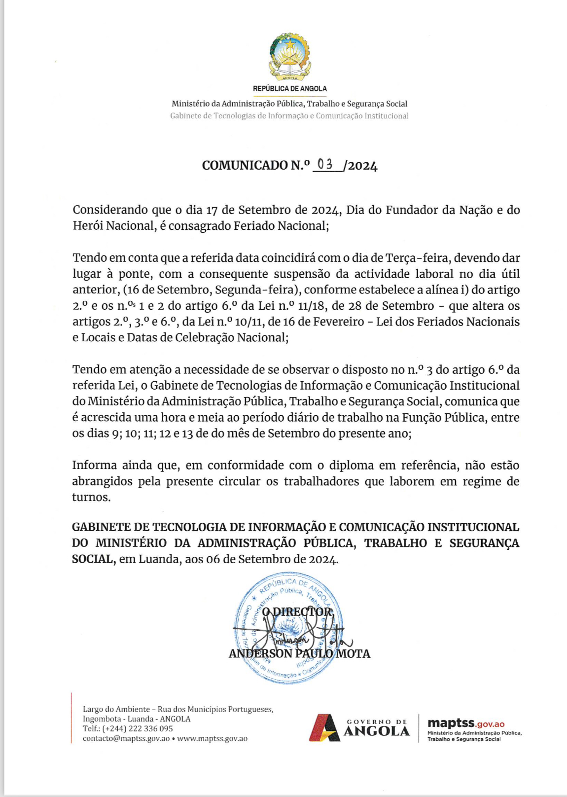 Comunicado: 17 de Setembro feriado Nacional