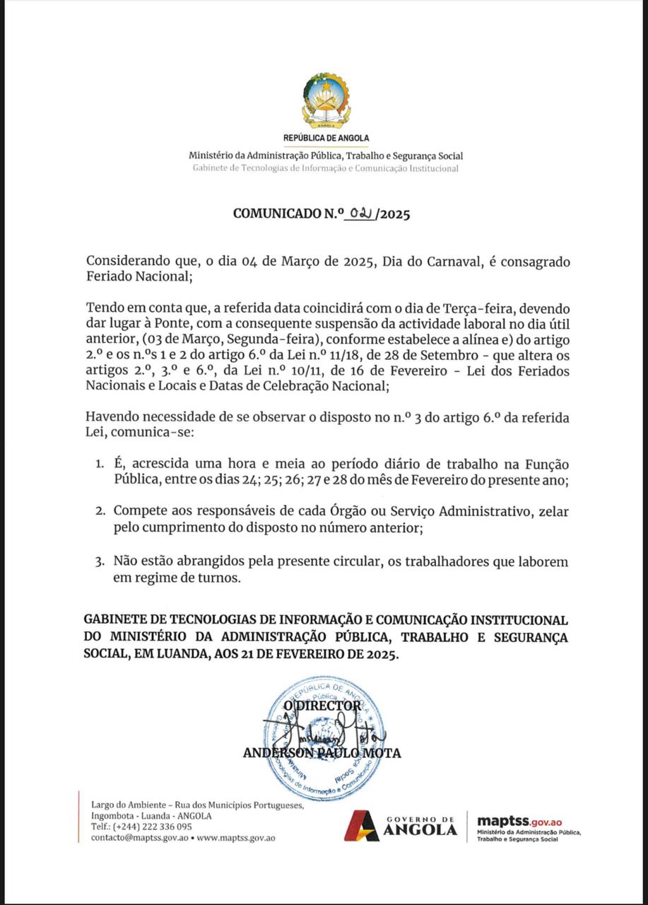 Comunicado: Festa de Carnaval marca feriado Nacional.