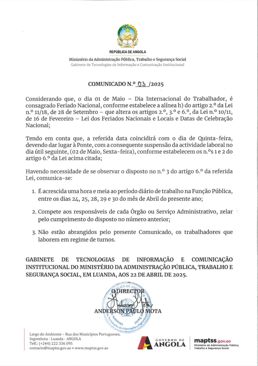 Comunicado: Ponte por ocasião do Dia Internacional do Trabalhador