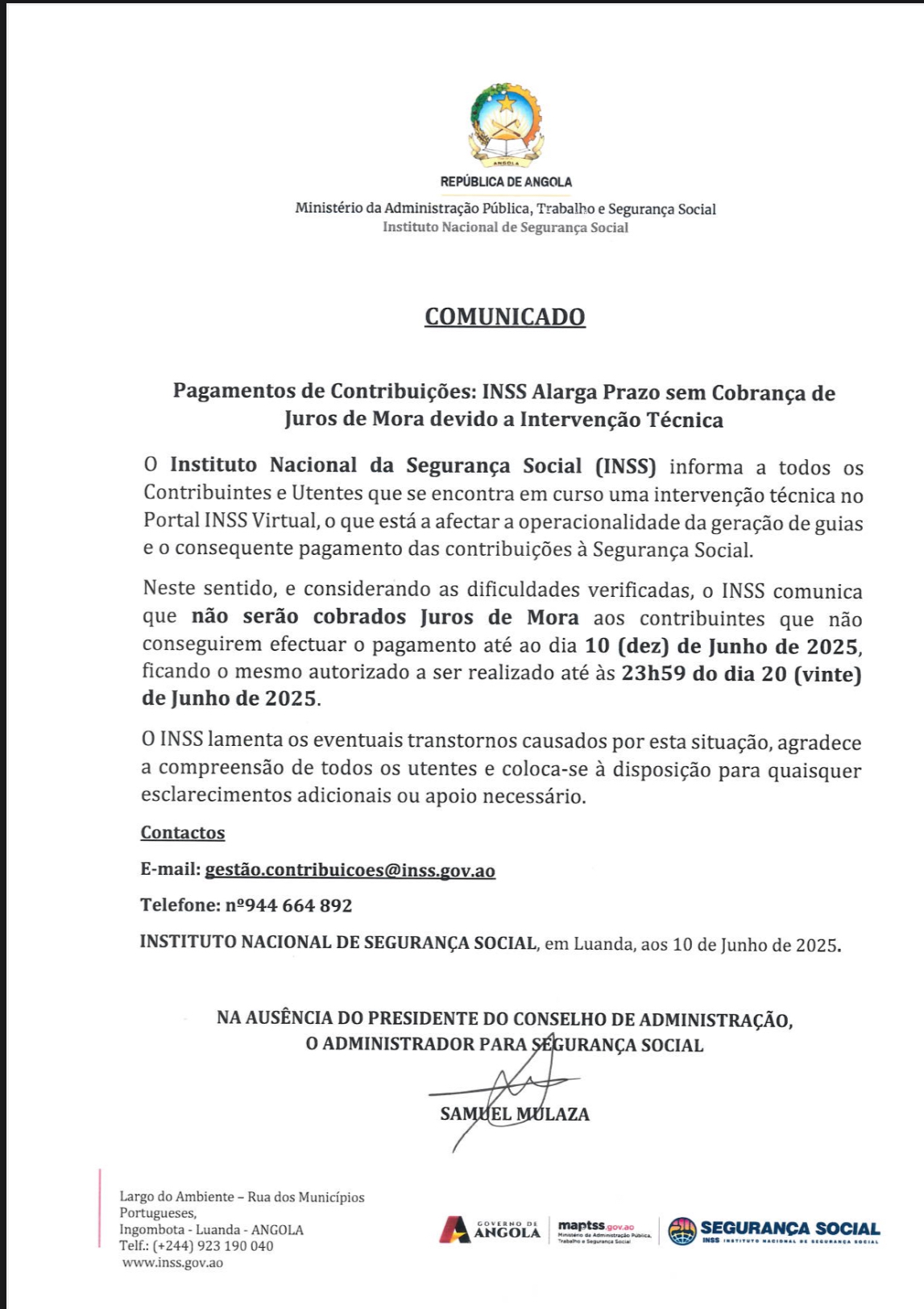 INSS alarga prazo sem cobrança de juros de mora devido a intervenção técnica